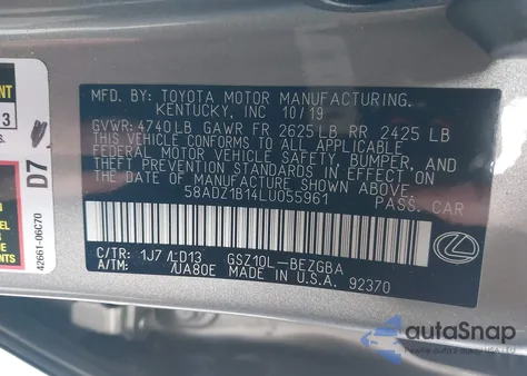 2020 Lexus Es 350 z USA, uszkodzony, nr VIN 58ADZ1B14LU055961